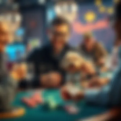 A joyful poker player sharing stories at the table, holding a small dog, while others smile and laugh around him.