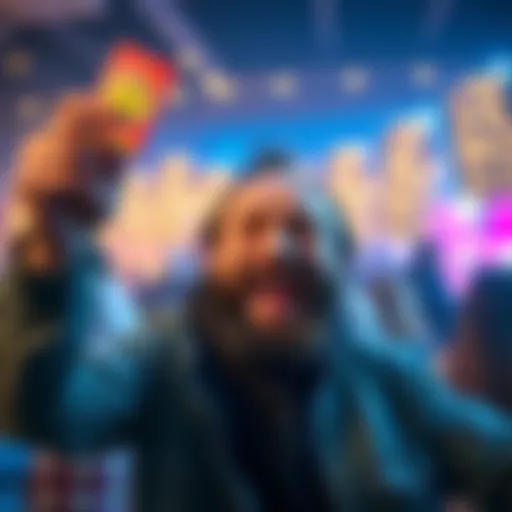 A happy person celebrating after winning on a Scratcher lottery ticket, showing off the ticket with a big smile