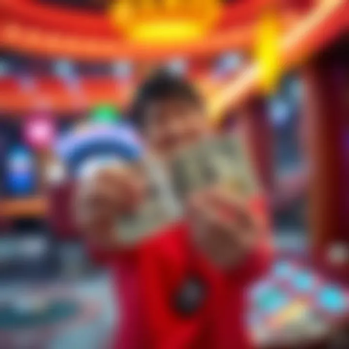 A person happily displaying a $75 cash prize after a gambling win