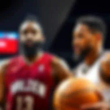 James Harden in a basketball uniform looking thoughtful while Darius Garland dribbles a ball with a focused expression on his face during a game.