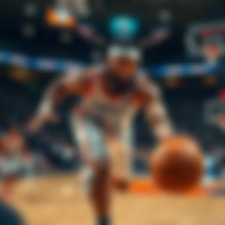 Harden dribbling the basketball during a game with intense focus