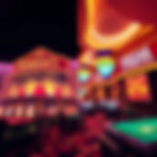 A split view showcasing Harrah's Casino on one side and Viejas Casino on the other, with vibrant lights and gaming tables visible.