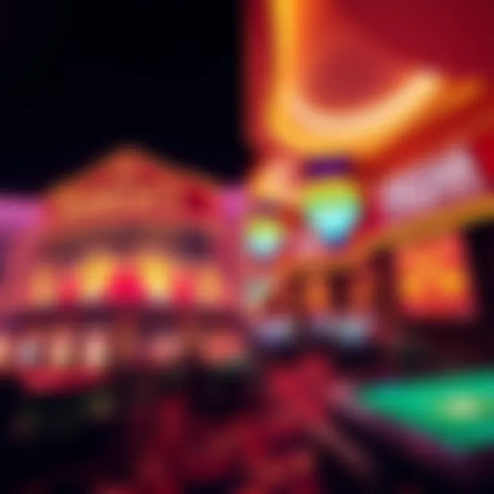 A split view showcasing Harrah's Casino on one side and Viejas Casino on the other, with vibrant lights and gaming tables visible.