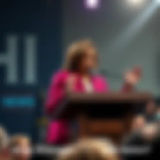 Kamala Harris addresses a crowd during a political event discussing national challenges