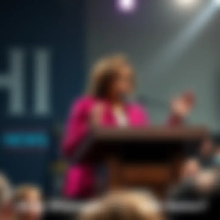Kamala Harris addresses a crowd during a political event discussing national challenges