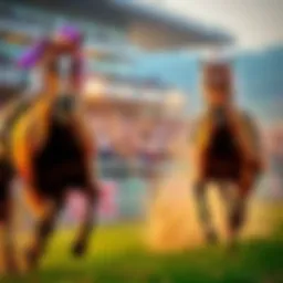 Two racehorses competing in a vibrant horse race scene with excited spectators in the background.