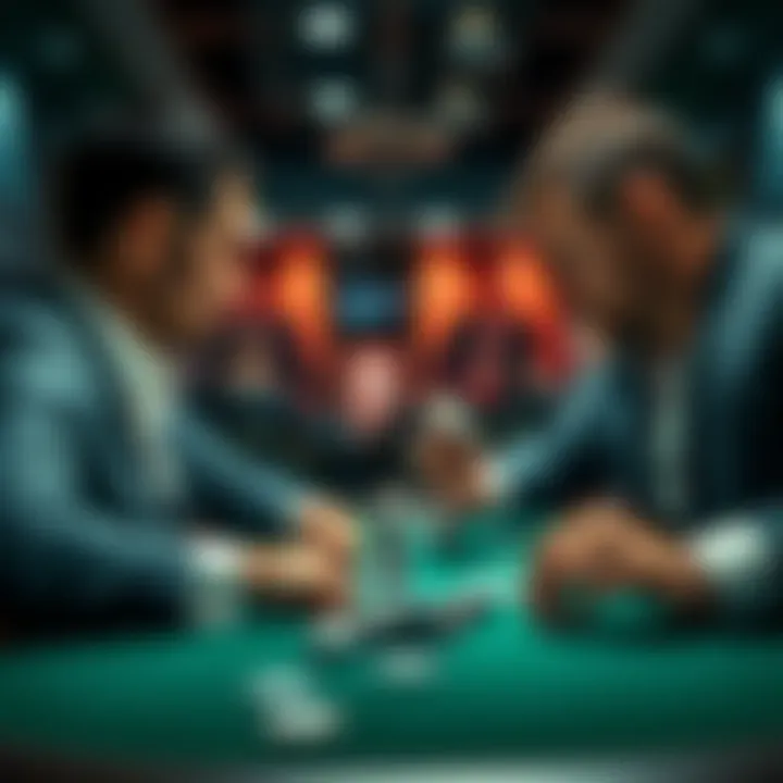 A tense moment during a heads-up poker game with two players focused on their cards and the chips in front of them.