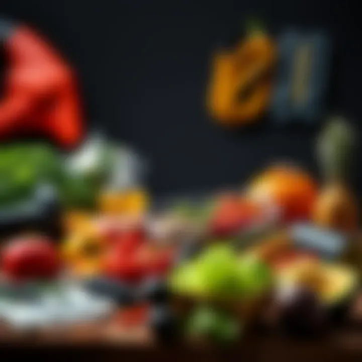 A variety of healthy foods and exercise equipment arranged on a table, symbolizing the DDP diet and lifestyle choices.