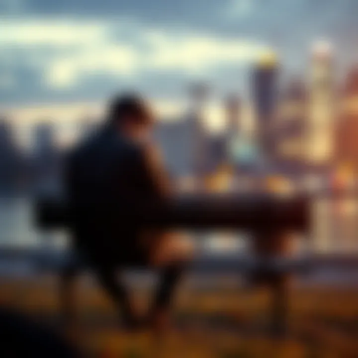 A person sitting alone on a park bench, looking sad, with a blurred cityscape in the background, reflecting feelings of heartbreak.
