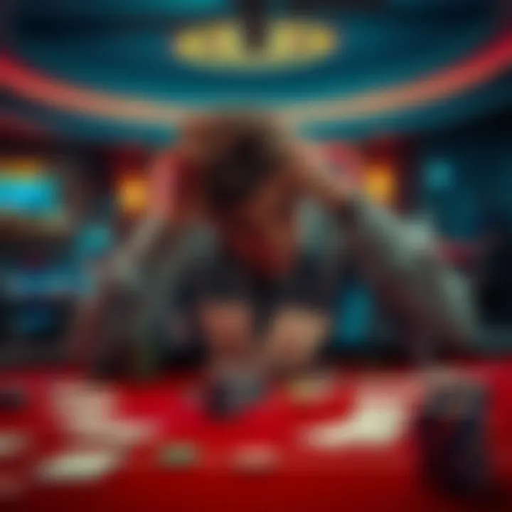 A person sitting at a gambling table looking distressed, holding their head in their hands, with cards and chips scattered around them.