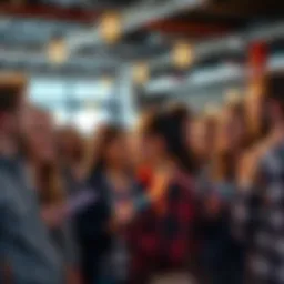 Heartfelt Recognition of Positive Contributions A diverse group of people sharing inspiring messages, smiling and connecting in a lively community space.