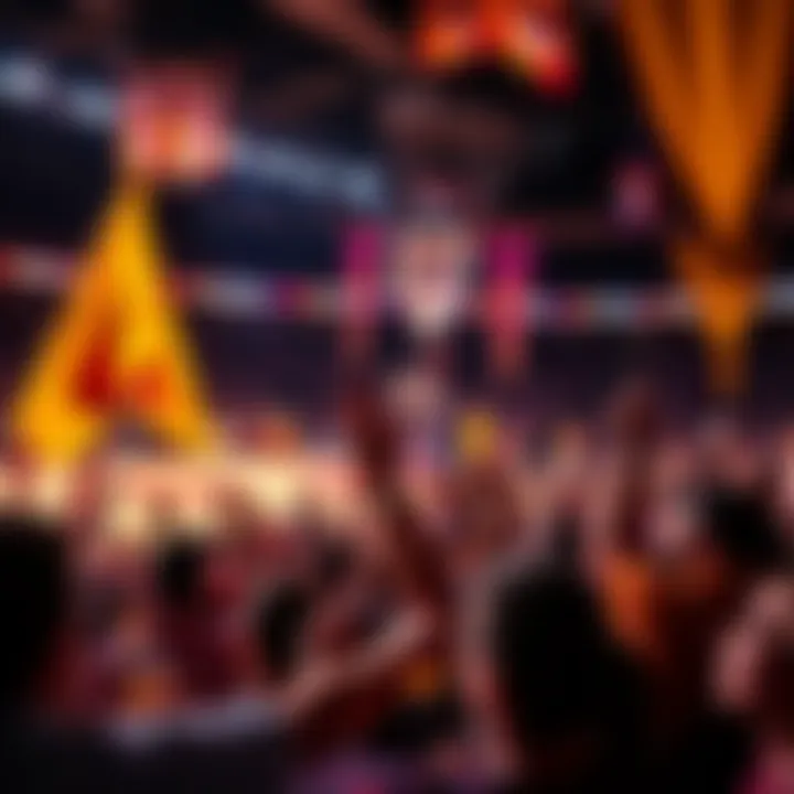 Fans cheering at a Miami Heat and Los Angeles Lakers basketball game with banners and drinks