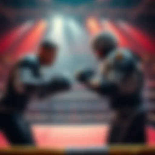 A dramatic scene showing two fighters, Hernandez and Robocop, preparing for a match in a boxing ring with an excited crowd in the background.