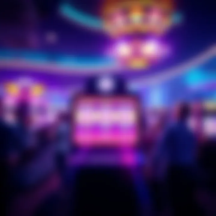 Hidden Free Spins in a Casino A vibrant casino scene with a slot machine displaying free spins and excited players around it.