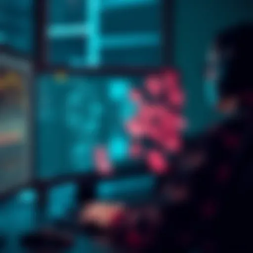 A person analyzing game strategies on a computer screen with notes around them, representing confidentiality in tactics.