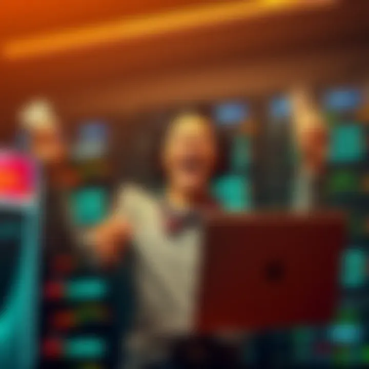 A person excitedly celebrating a large payout with a laptop and cash in hand, showcasing success on a server.