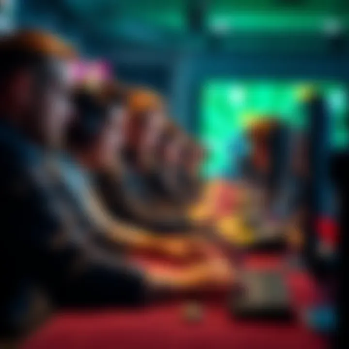 A group of focused players engaged in an online poker game, analyzing strategies and managing risks while on their computer screens.