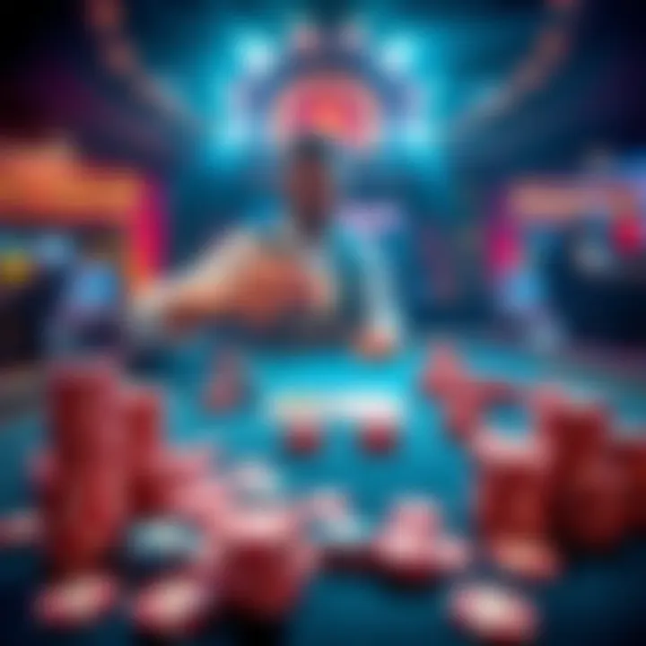 A person placing large bets at a vibrant casino table surrounded by chips and cards, showcasing the excitement of high-stakes gambling.