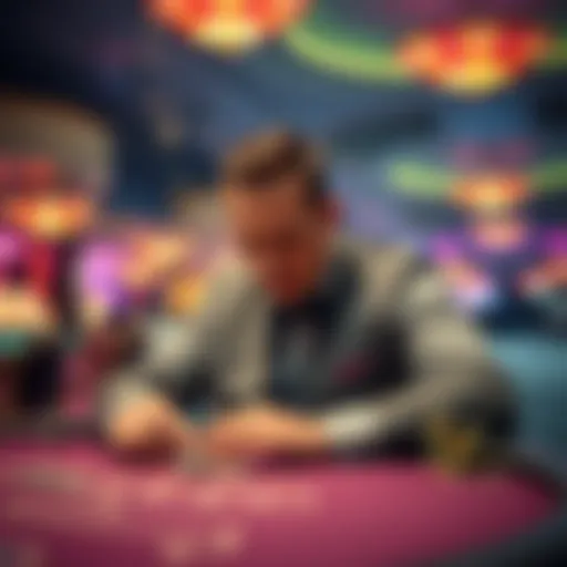 High Roller in Casino A high roller at a casino, placing large bets at a poker table, with chips stacked high and focused expression.