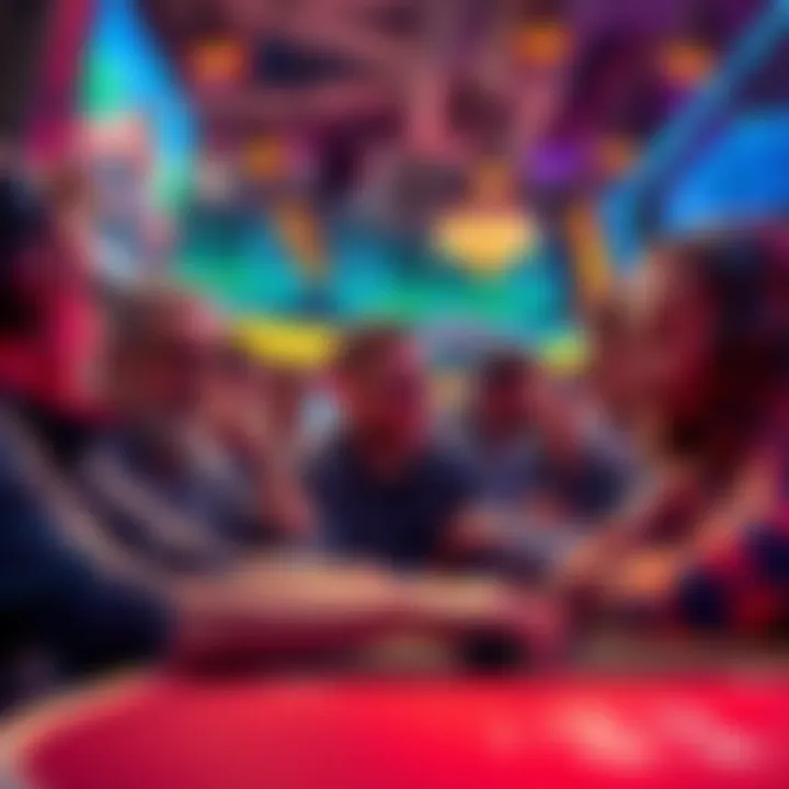 A group of people discussing gaming strategies and concerns about the lack of High Roller Drops in a vibrant gaming environment.