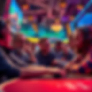 High Roller Gaming Discussion A group of people discussing gaming strategies and concerns about the lack of High Roller Drops in a vibrant gaming environment.
