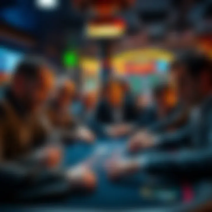 A group of players focused on high-stakes gambling at a table, showing expressions of excitement and tension as they place their bets.