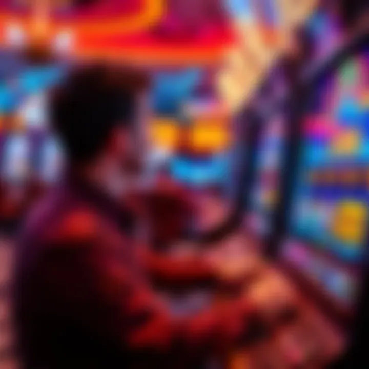 A person sitting at a casino slot machine, looking excited as the screen shows a high payout