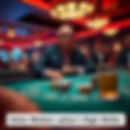 A high roller placing a large bet on a Limbo gaming table, looking focused and confident, while other players watch.
