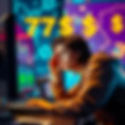 A frustrated player looking at a computer screen showing a betting loss, with money symbol visuals in the background
