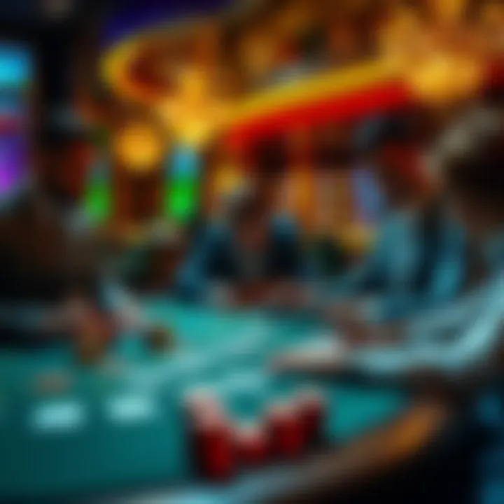 High stakes casino game A luxurious casino scene showing gamblers at a high-limit table, focused on their chips and cards, with cash and bank transfer options highlighted.