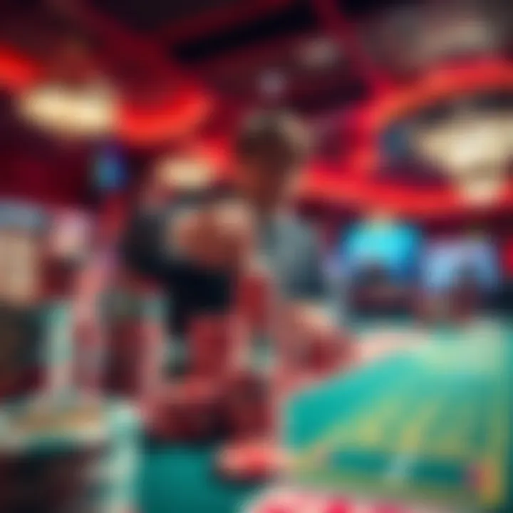 A person placing a large bet at a casino table with chips stacked high, representing high-stakes gambling