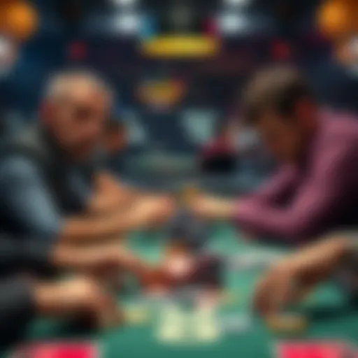 Players at a poker table with 8 million dollars in chips, intense focus on their faces