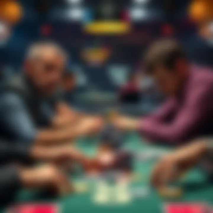 Players at a poker table with 8 million dollars in chips, intense focus on their faces