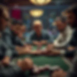 Group of players at a high-stakes poker table, focused on their cards and chips, with serious expressions.
