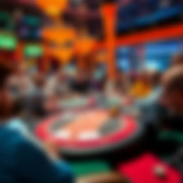 A bustling high stakes poker table in Las Vegas with players focused on their cards and chips.