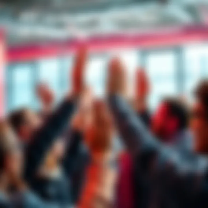 A group of people enthusiastically giving high fives to each other, celebrating the Superhighfive phenomenon.