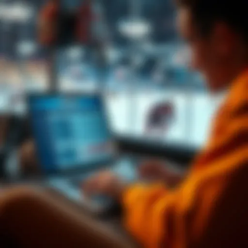 A person analyzing hockey team statistics on a laptop while placing bets, with hockey gear in the background.
