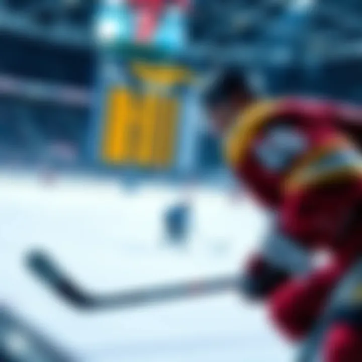 A close-up of a hockey player in action on the ice, with a scoreboard in the background showing game stats and odds, illustrating betting strategies.