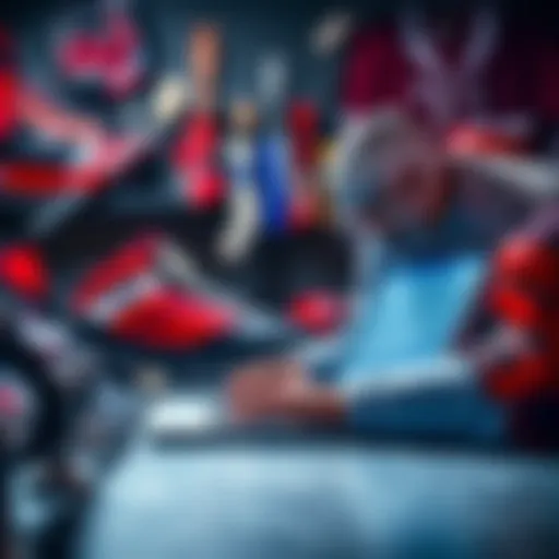 A person analyzing NHL statistics on a laptop with hockey gear in the background