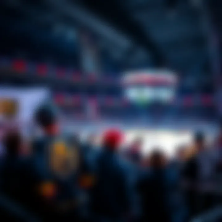 Fans preparing for the Stanley Cup Final game between the Golden Knights and the Hurricanes with banners and jerseys.