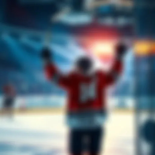 A hockey player celebrates after scoring a goal, raising their stick in victory on the ice rink.