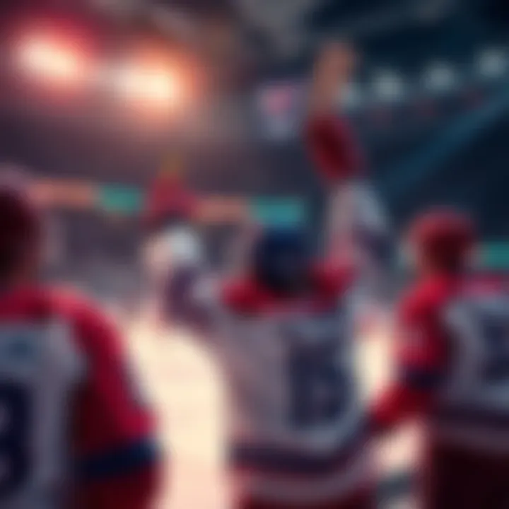 A hockey player raises their stick in celebration after scoring a goal, with teammates nearby looking excited.