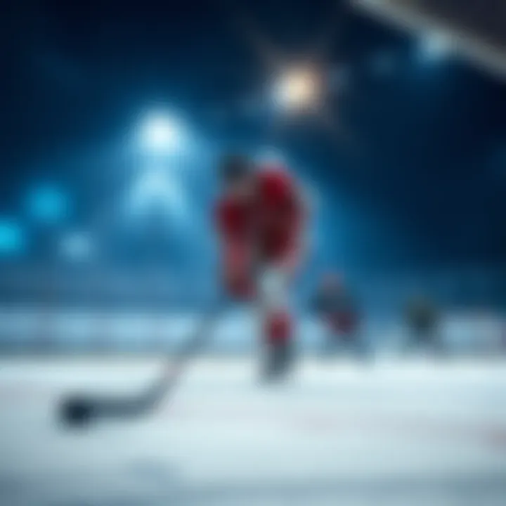 A hockey player focusing on shooting a puck towards the net during practice