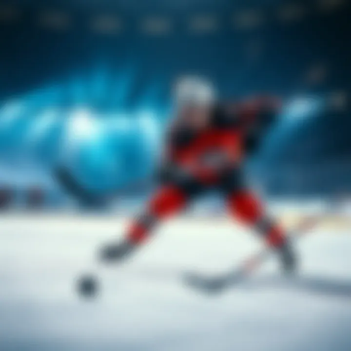A focused hockey player aiming and shooting the puck towards the net during a game