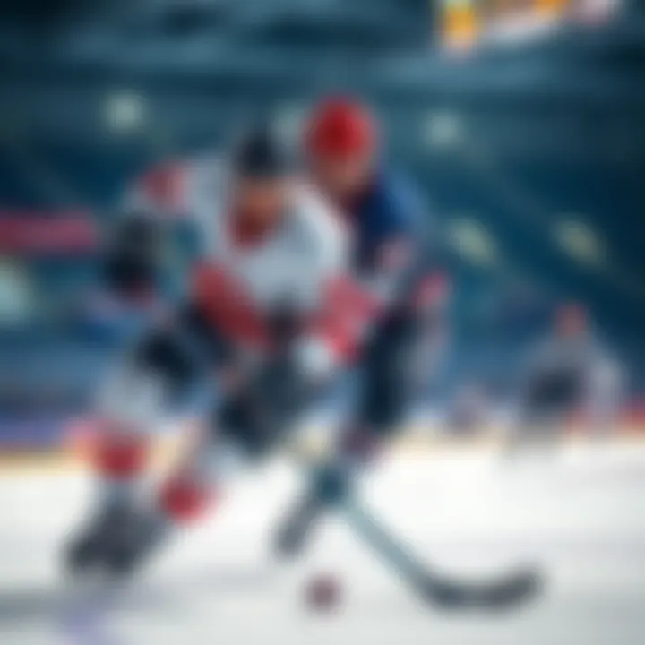 Two hockey players competing for the puck during a match, showcasing intense gameplay