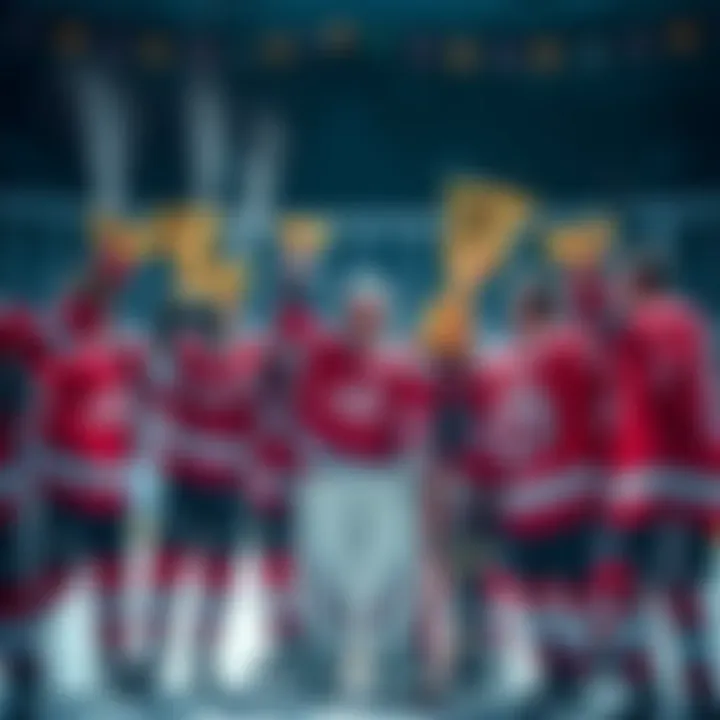 Hockey players celebrating with trophies and cash prizes after a successful season