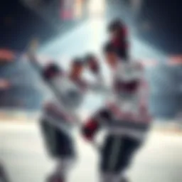 Two hockey players celebrating a goal on the ice, showing excitement and team spirit after a surprising performance