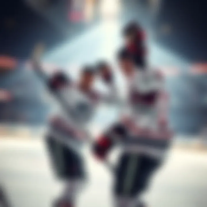 Two hockey players celebrating a goal on the ice, showing excitement and team spirit after a surprising performance