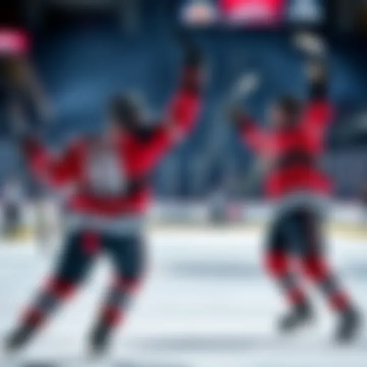 Thomas Chabot and Mika Zibanejad celebrating after scoring goals on the ice during a hockey game.