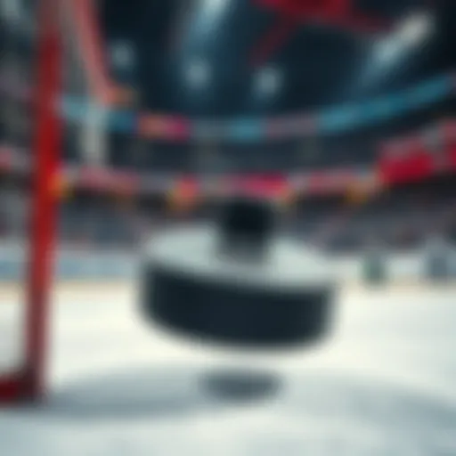 A hockey puck flying past the goal post during a game, with fans reacting in excitement